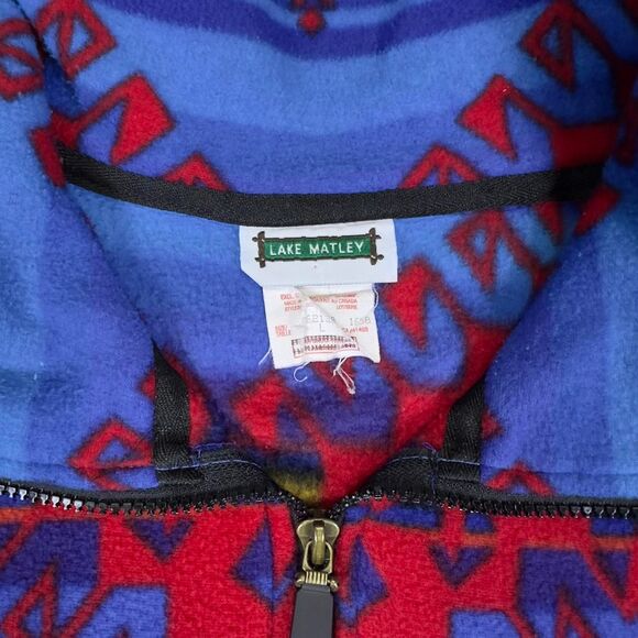Lake Matley Fleece Jacket Men’s Large Blue Red Aztec Vintage 90s Outdoor - Picture 3 of 5